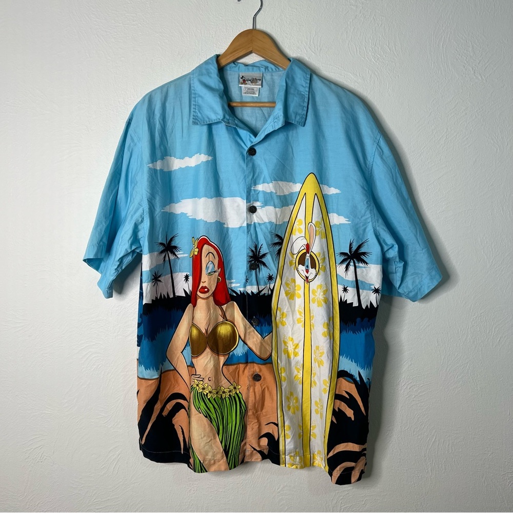 VTG Disney Roger Rabbit Surfer Scene Cotton Button-Down Shirt Short Sleeve Sz L